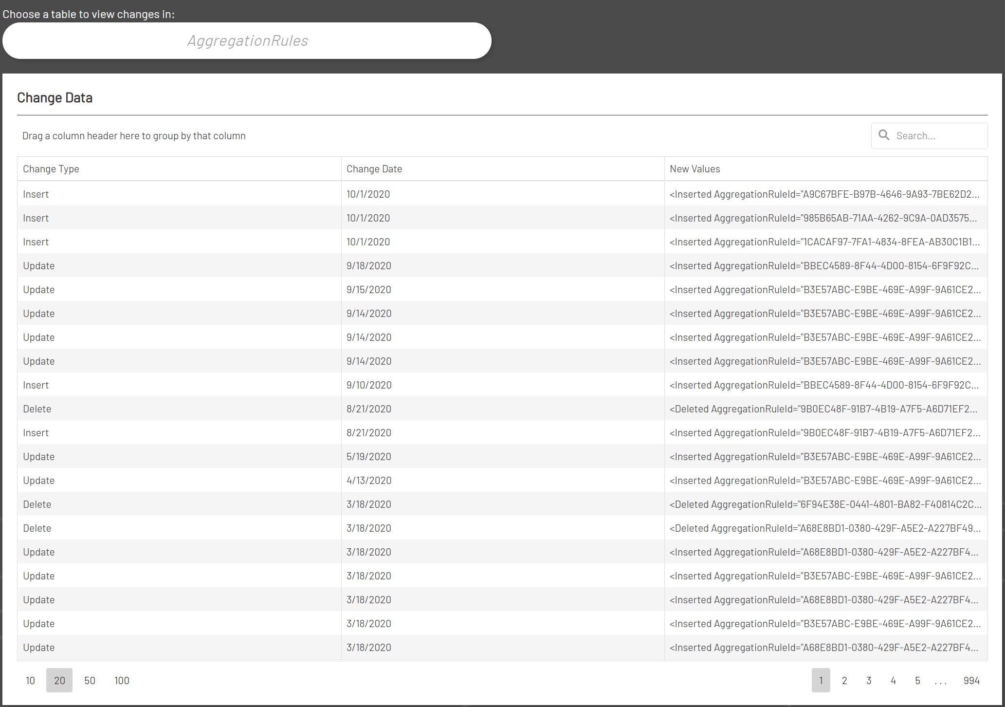 Admin Change Log Results