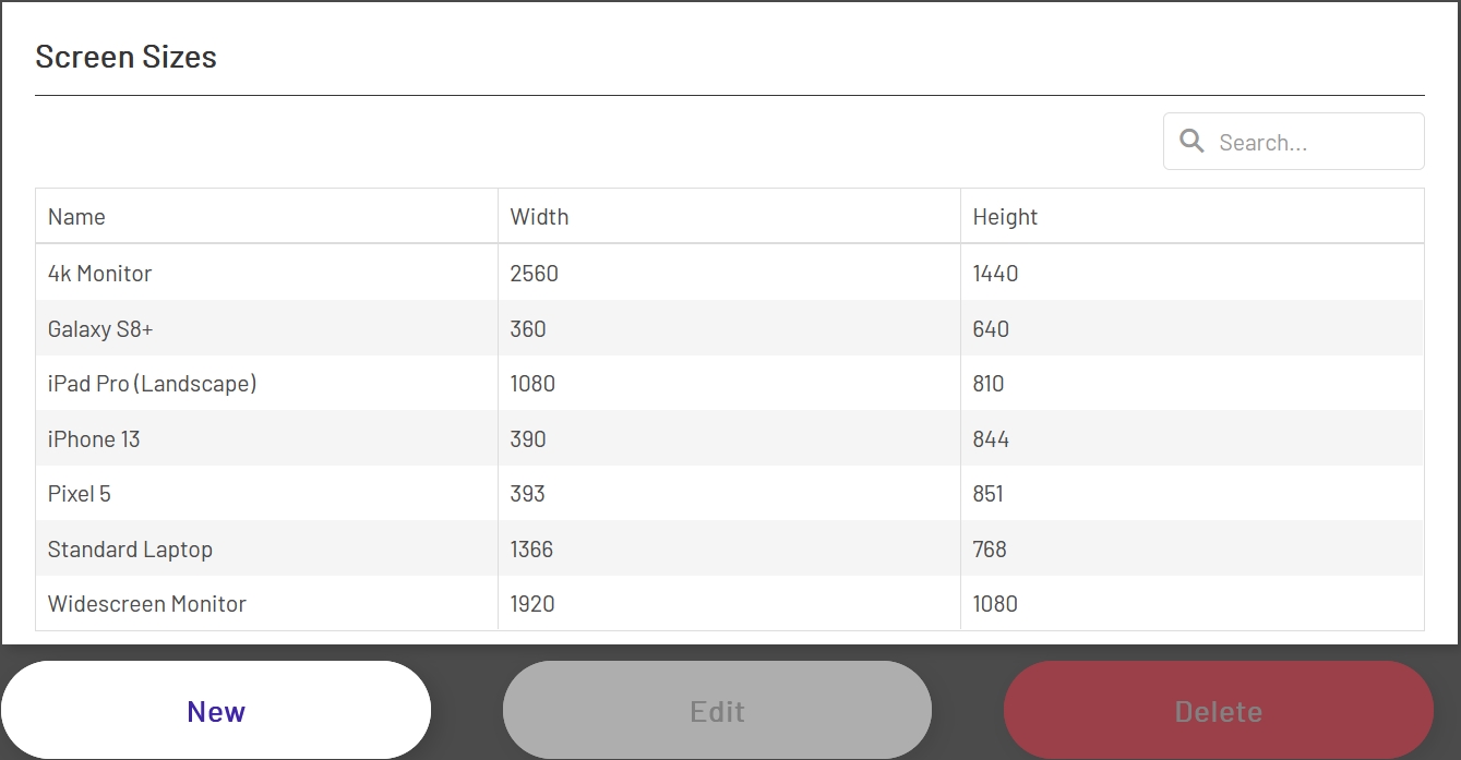 Predefined Screen Sizes