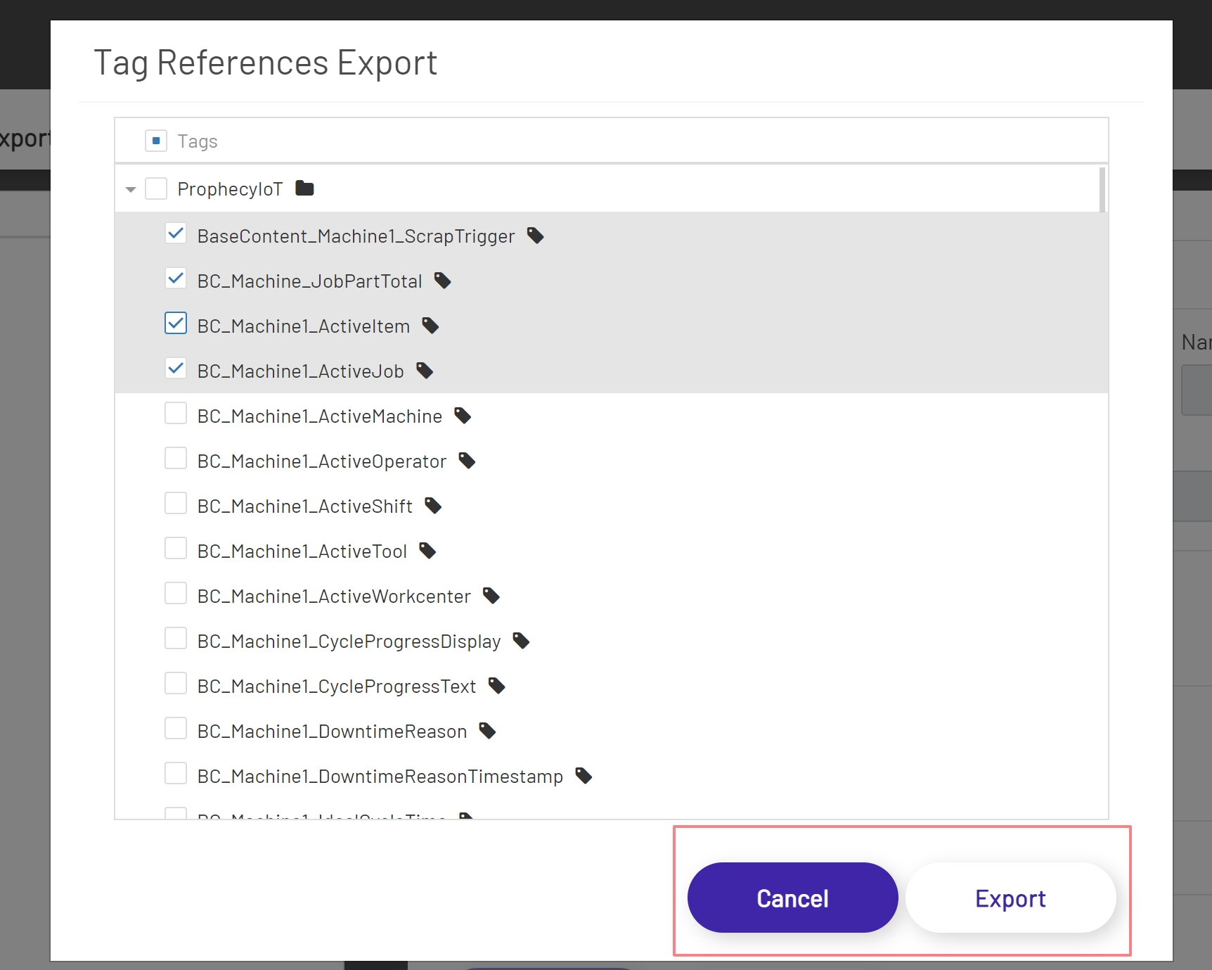 Top Bar Export Tags Modal
