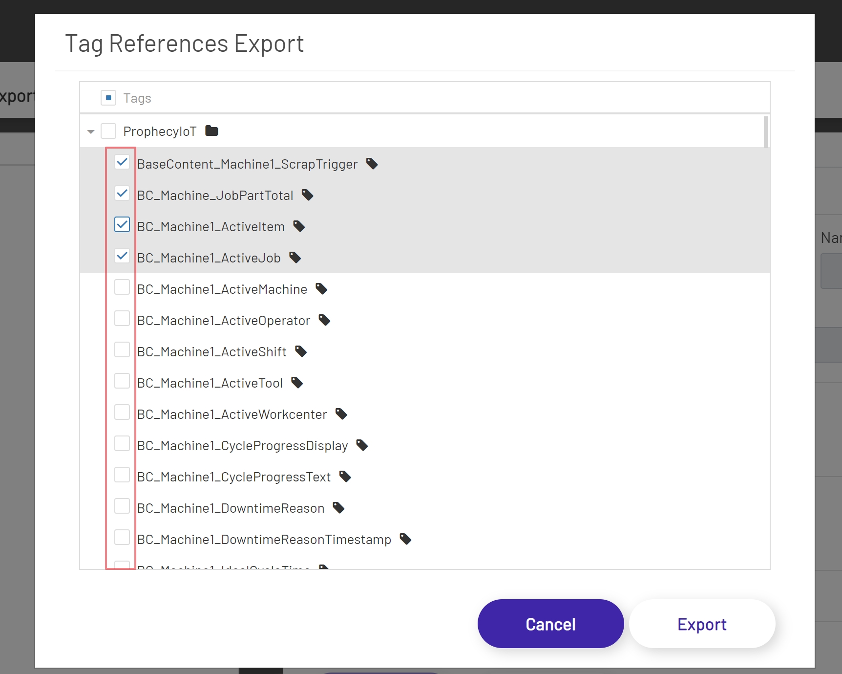 Top Bar Export Tags Modal