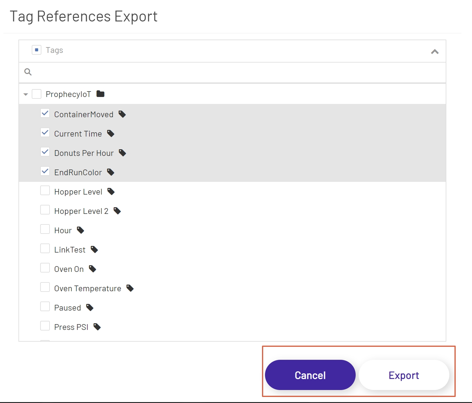 Top Bar Export Tags Modal