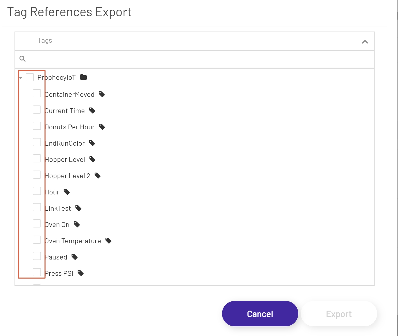 Top Bar Export Tags Modal