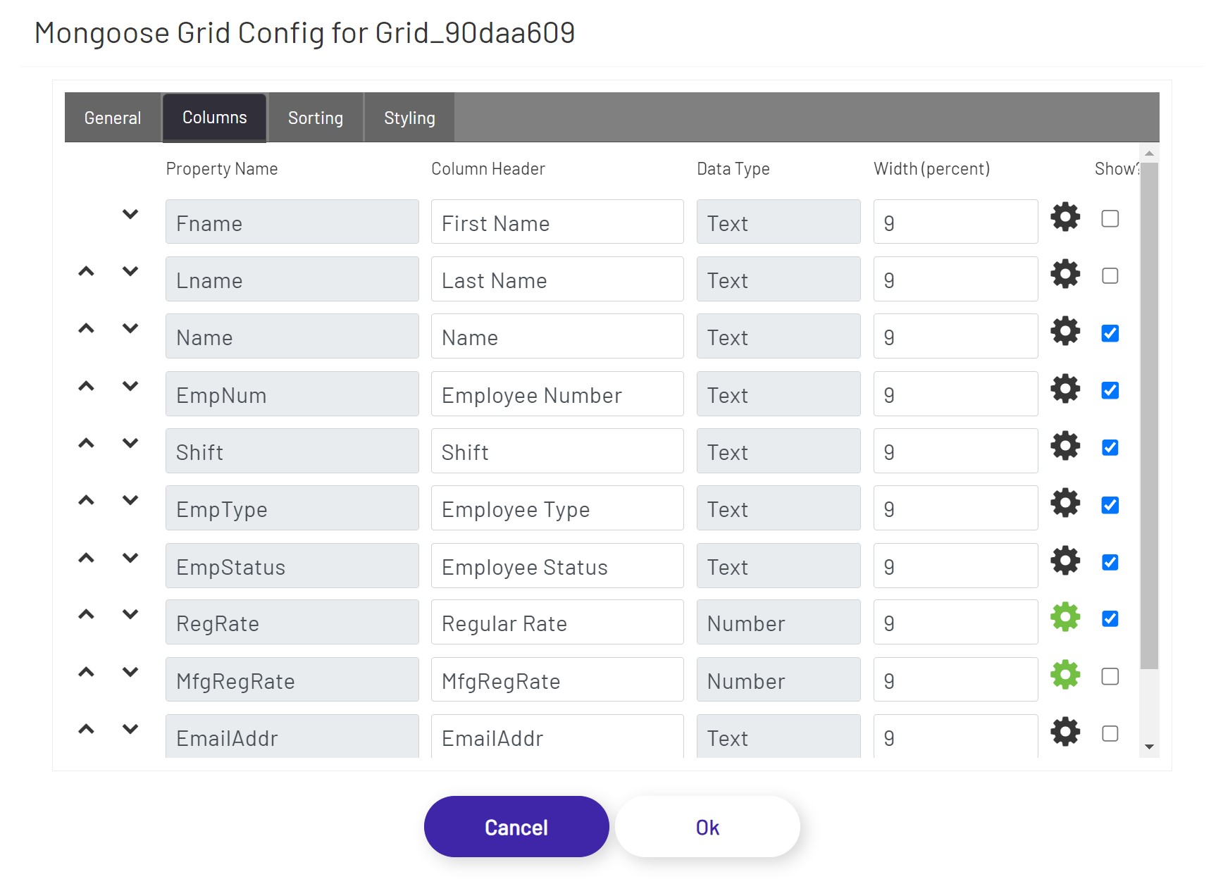 Mongoose Grid Config Columns