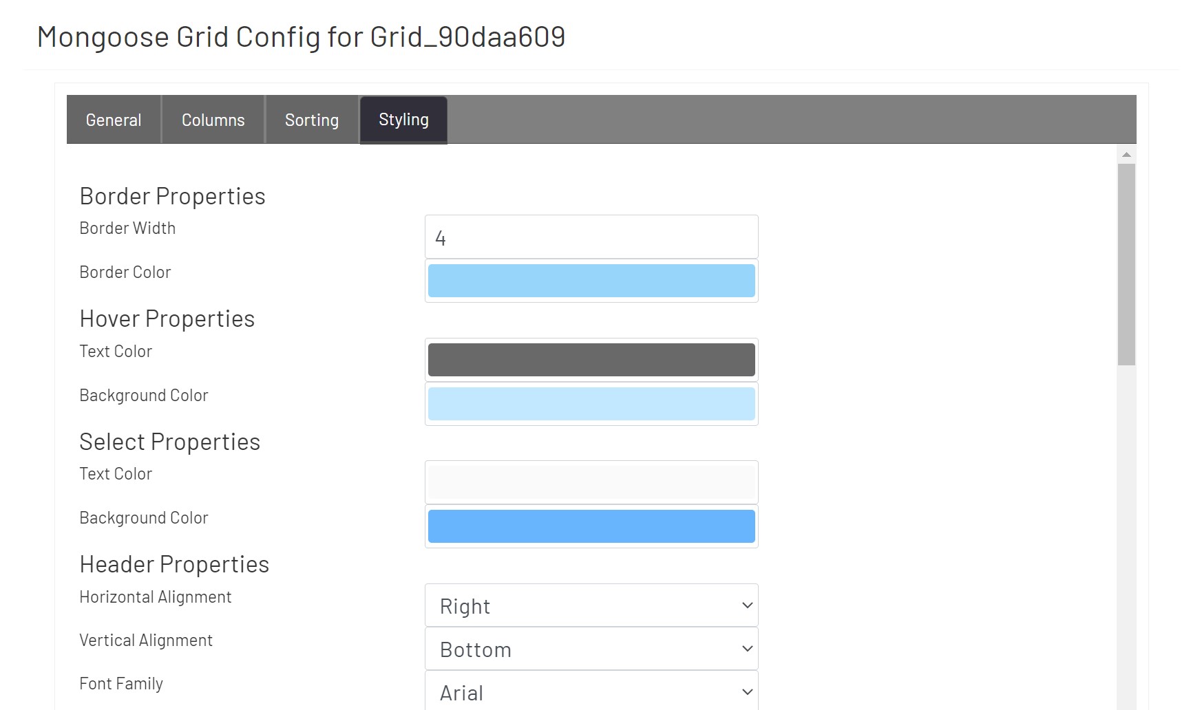 Mongoose Grid Config Styling 1