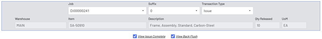 Material Issue & Return Fields
