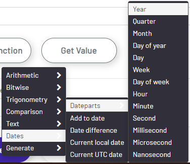 Insert Function -> Dates -> Dateparts