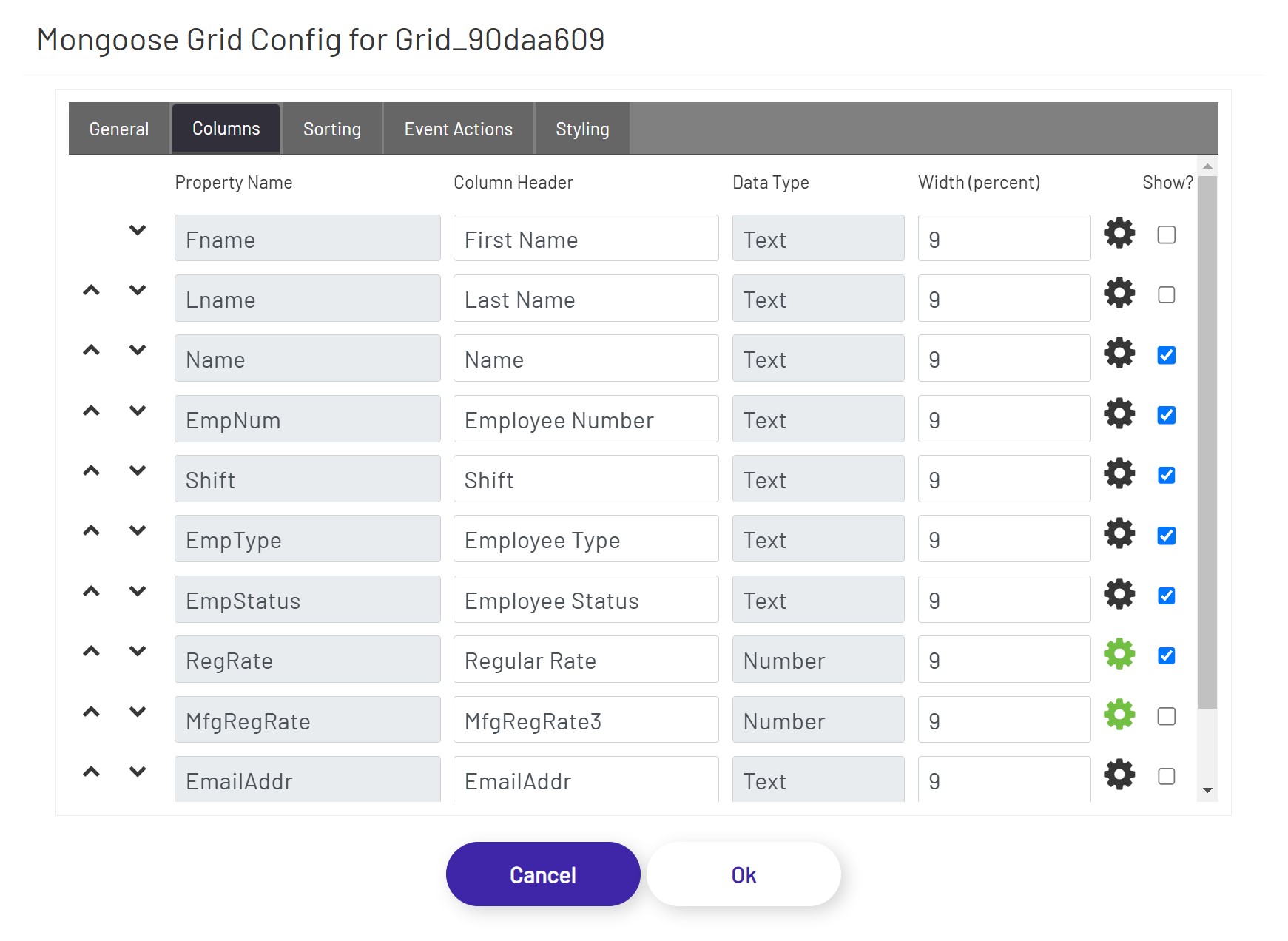 Mongoose Grid Config Columns