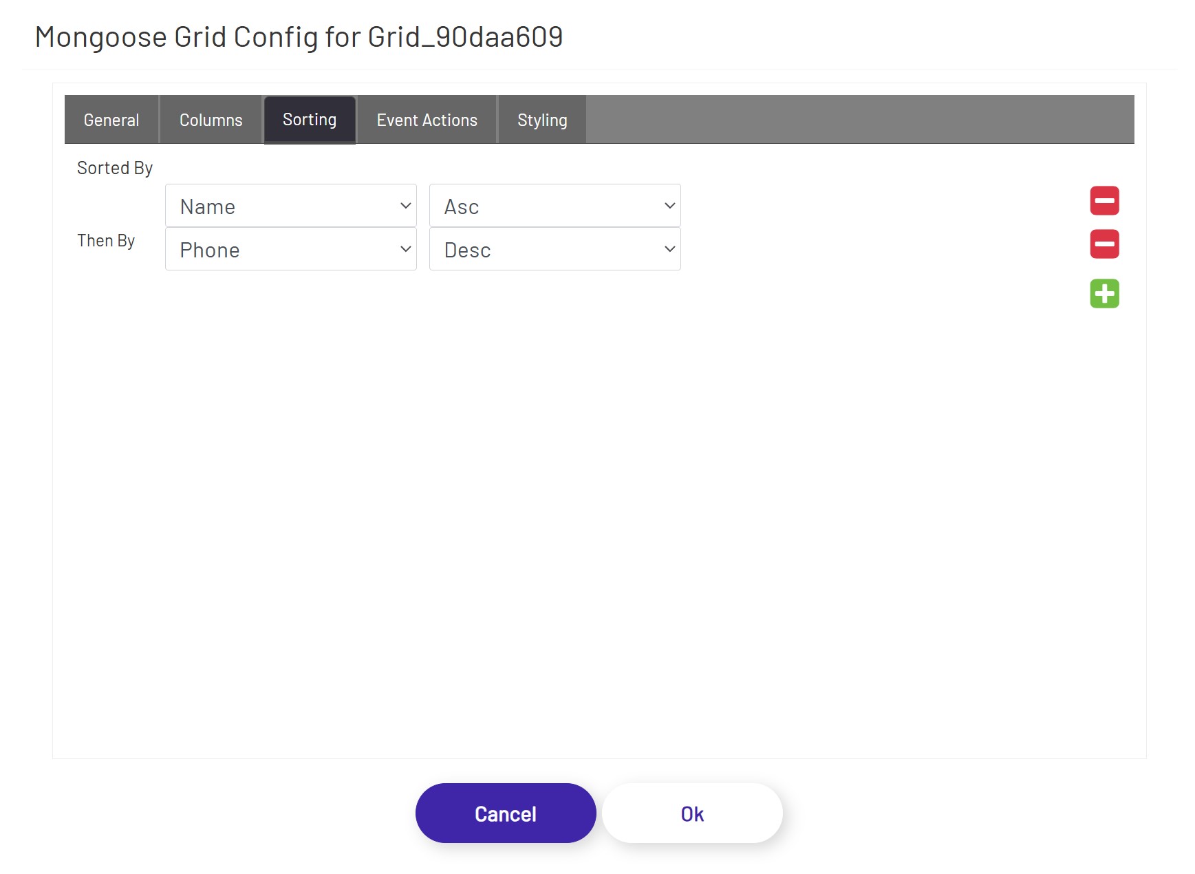 Mongoose Grid Config Sorting