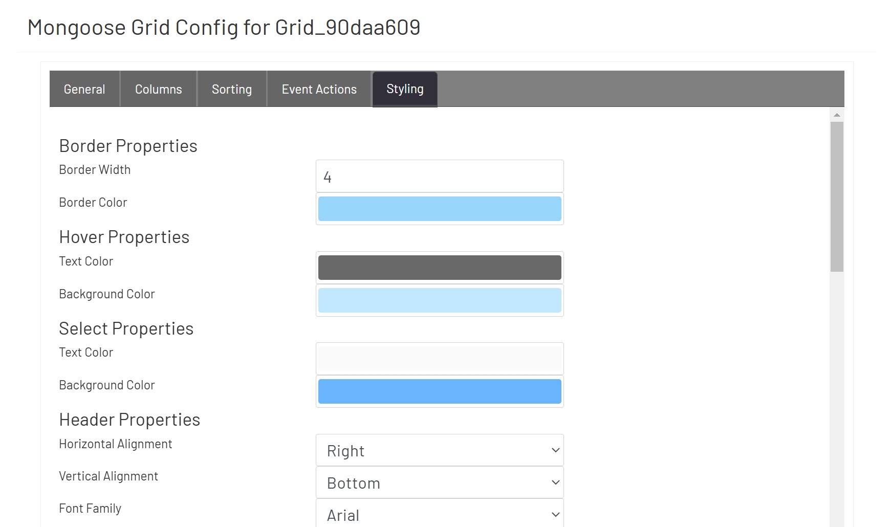 Mongoose Grid Config Styling 1